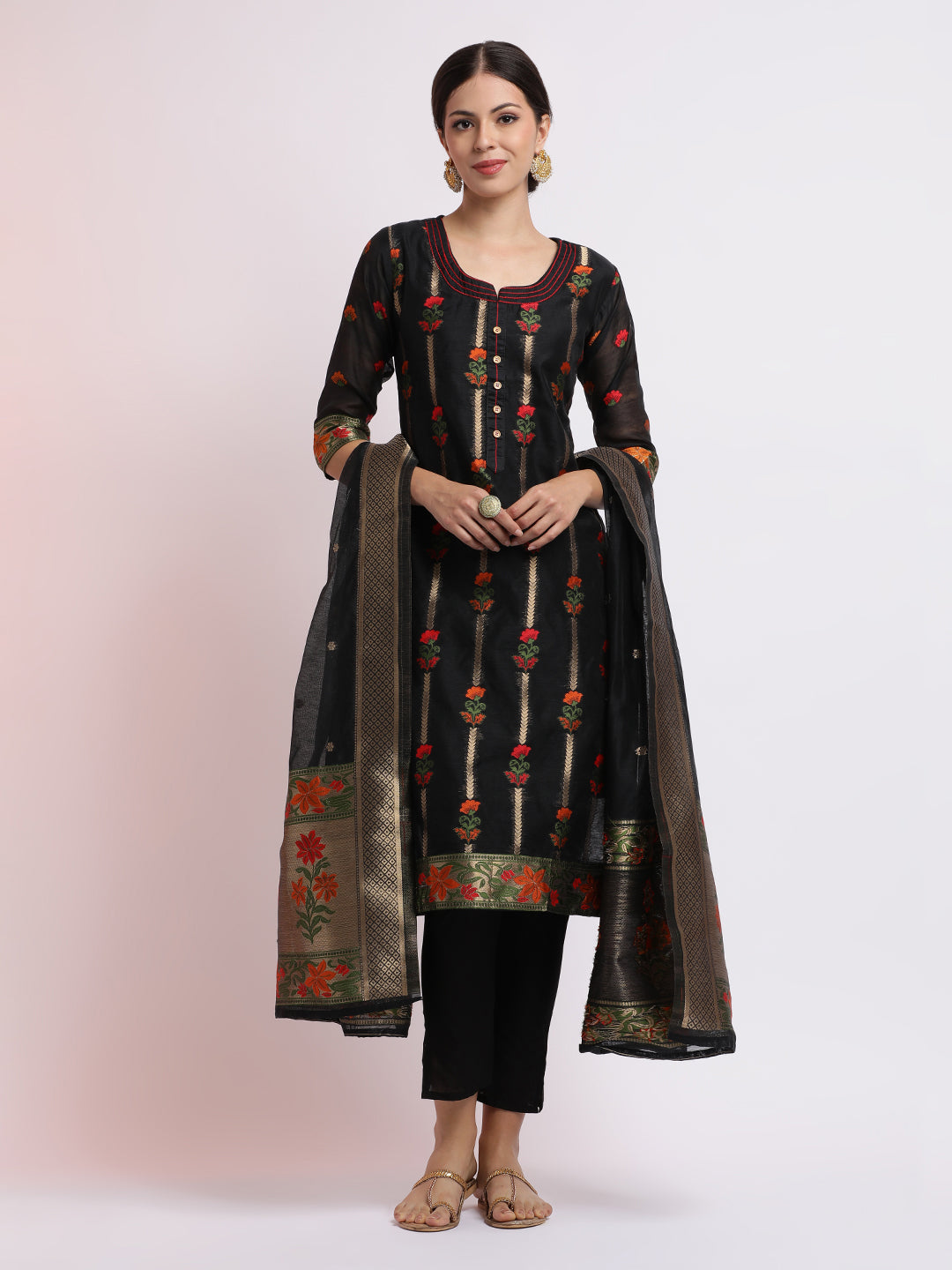 Black Embroidered Jacquard Kurta Set With Dupatta