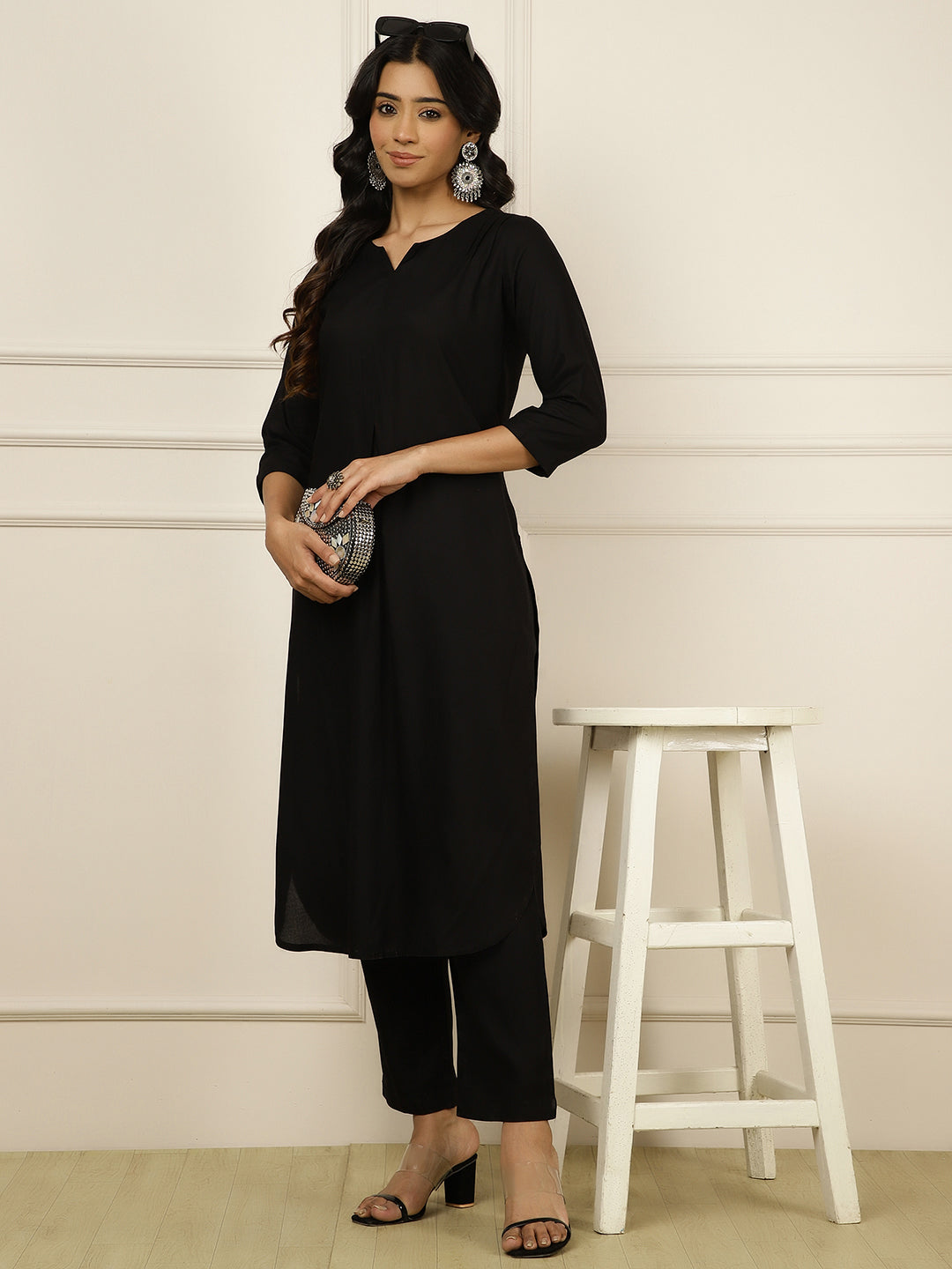 Black Pleated Straight Kurta With Pants