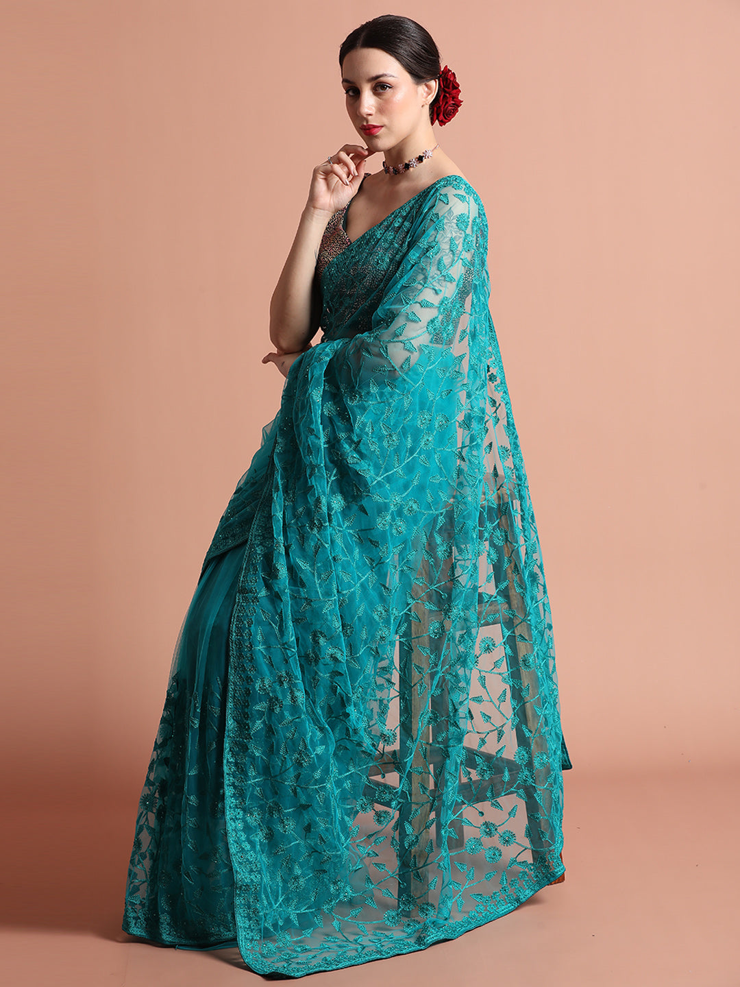 Firoji Party Wear Floral Embroidered Net Saree