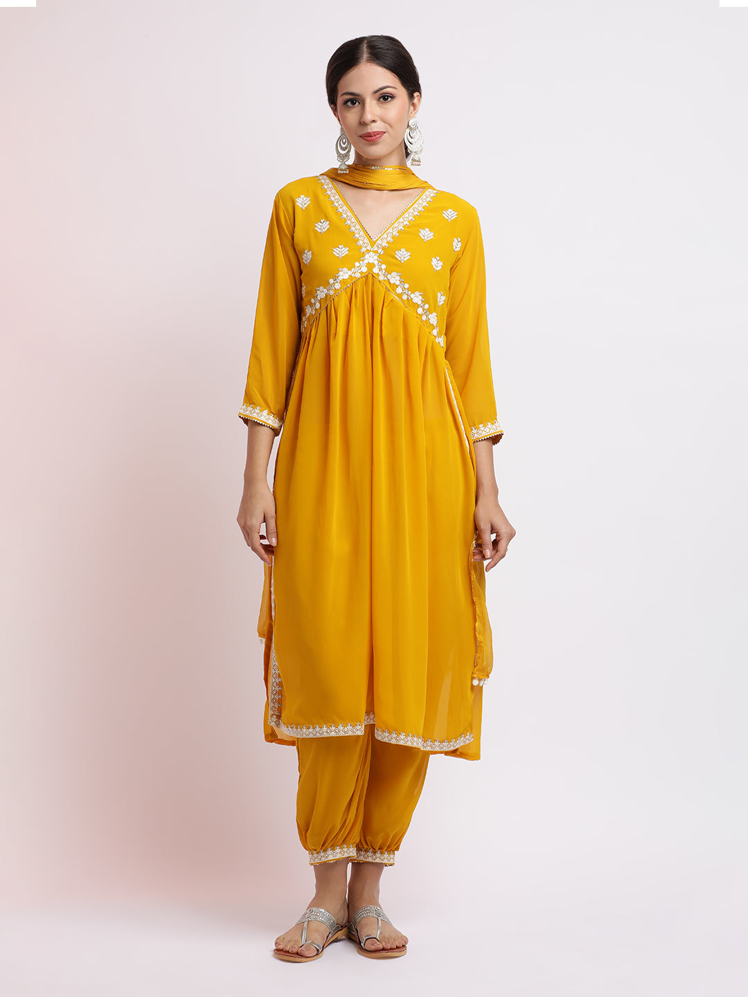 Mustard Embroidered Georgette Kurta Set With Dupatta