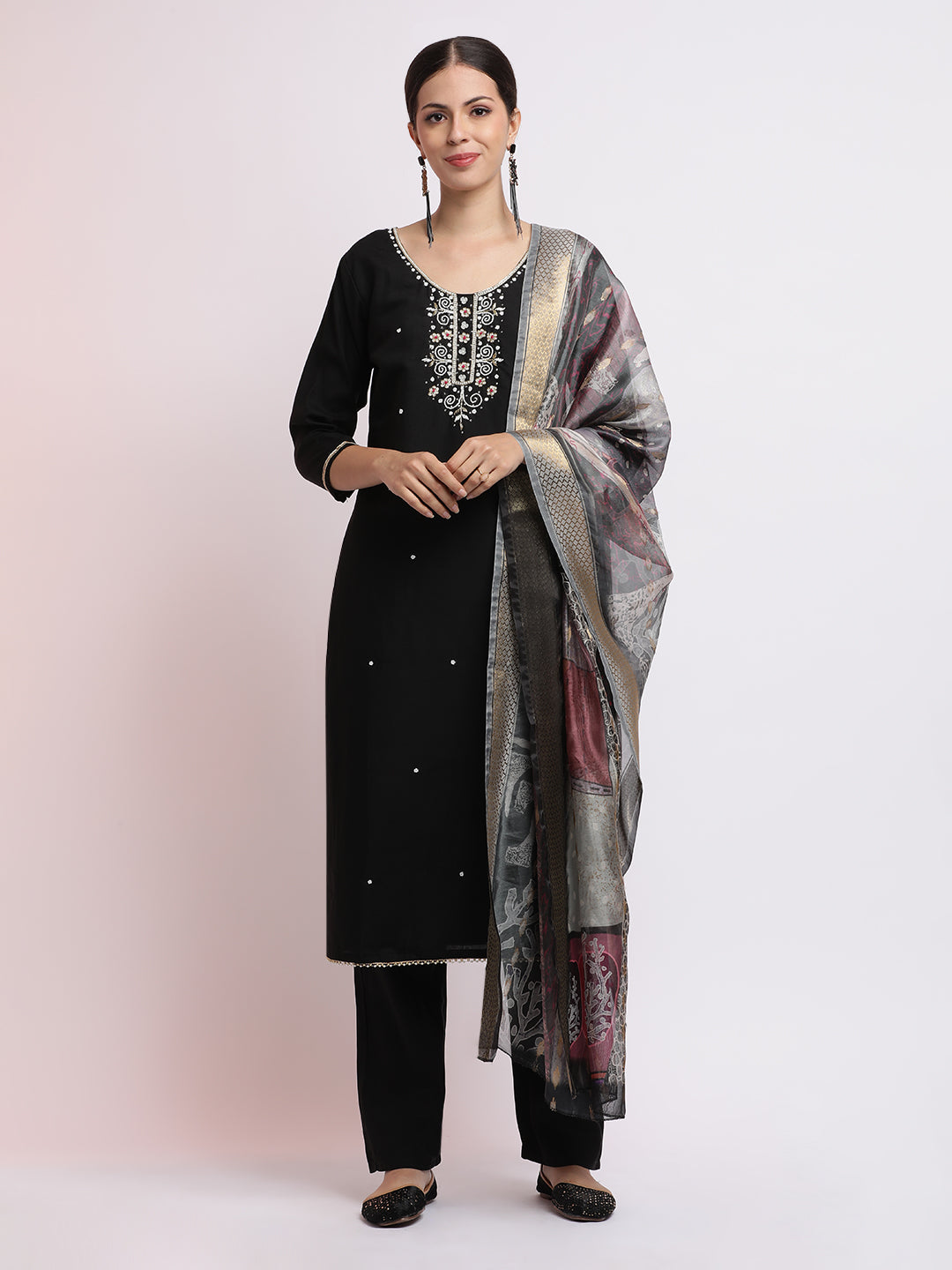 Black Embroidered Cotton Blend Kurta Set With Dupatta