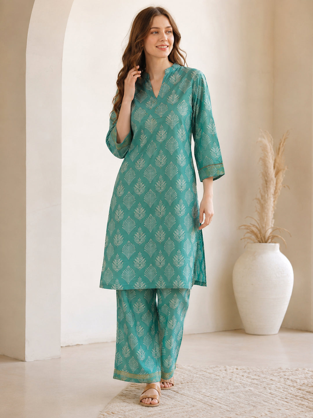 Floral Embroidered Straight Kurta & Palazzos Sets