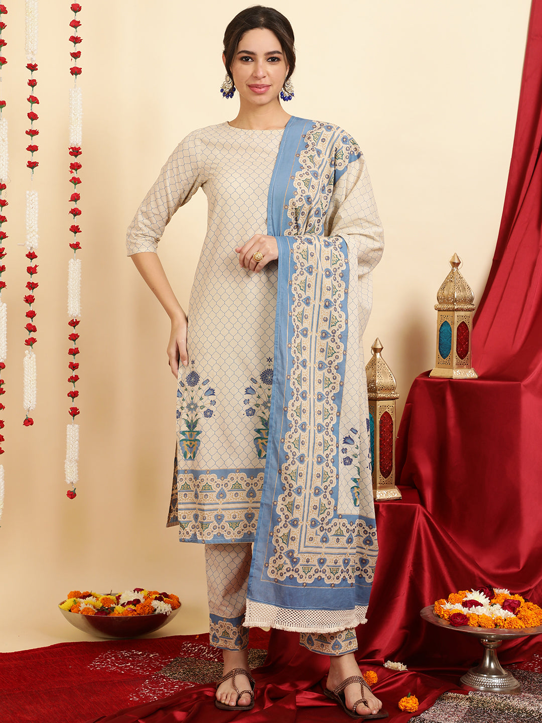 Blue Ethnic Motif Guldasta Cotton Straight Kurta With Pants And Dupatta