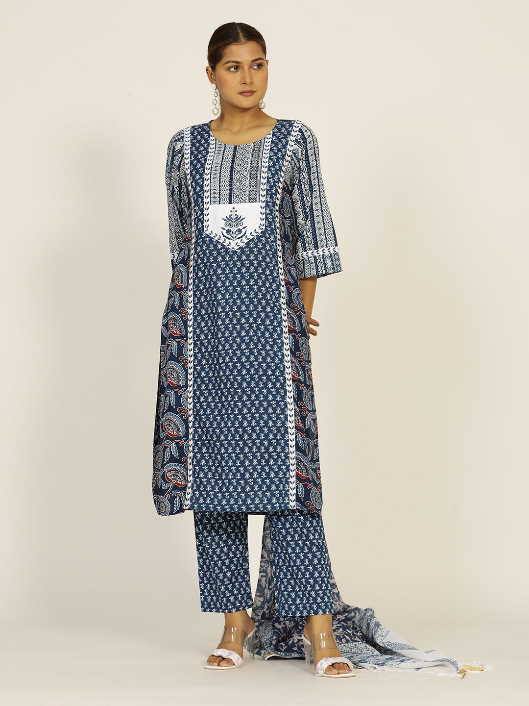 Indigo Blue Embroidered Cotton Straight Kurta