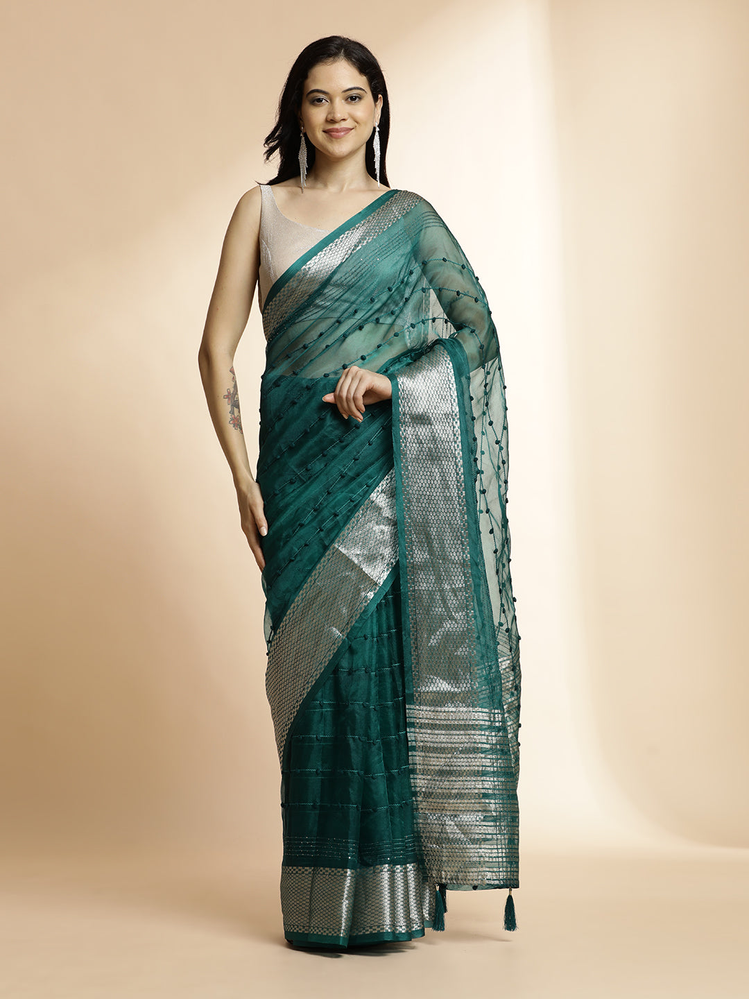 Teal Woven Design Khadi Organza Saree