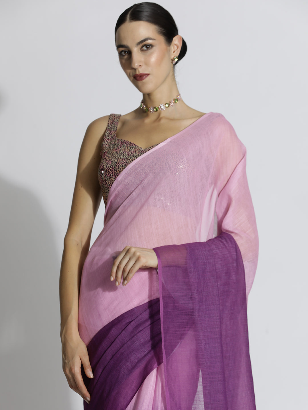 Ombre Daily Wear Pure Linen Red Wine Saree