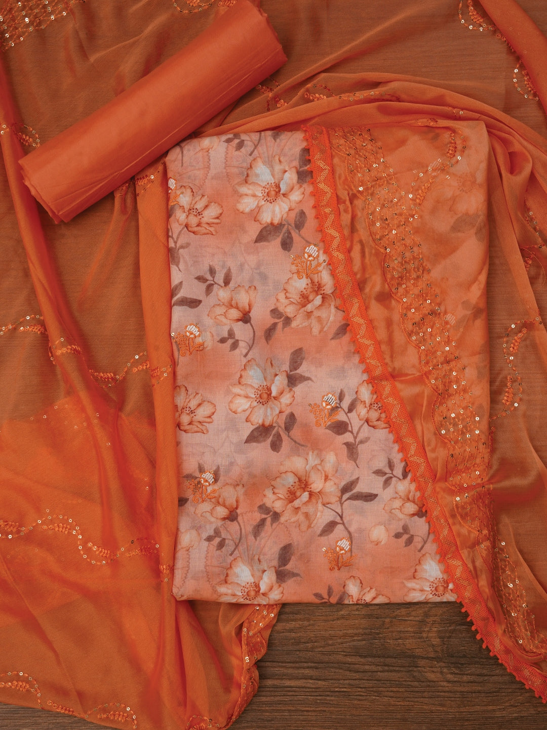 Peach Floral Printed Embellished Cotton Dress Material with Dupatta