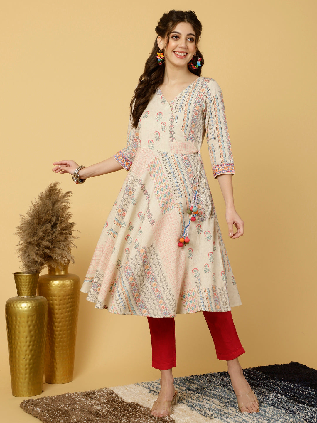 Abstract Printed Mirror Work Angrakha Kurta
