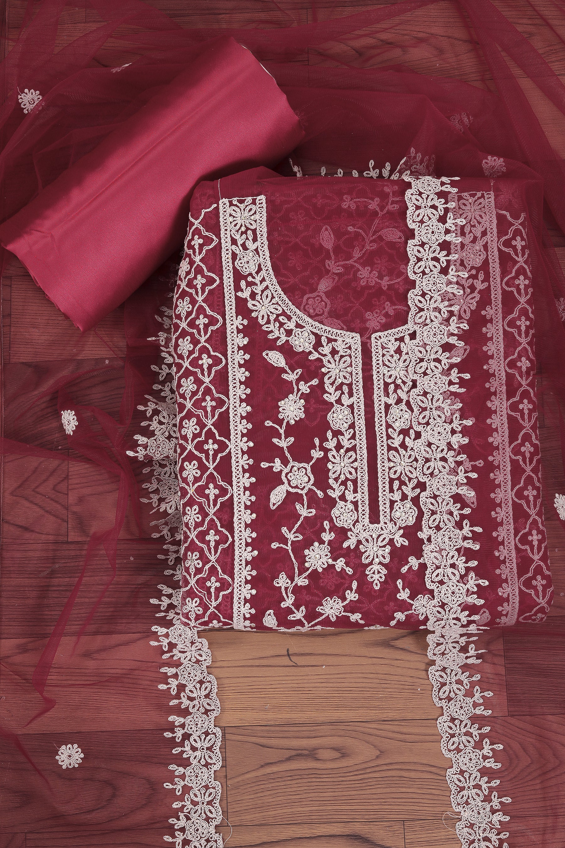 Maroon Heavy Embroidered Net Dress Material with Dupatta