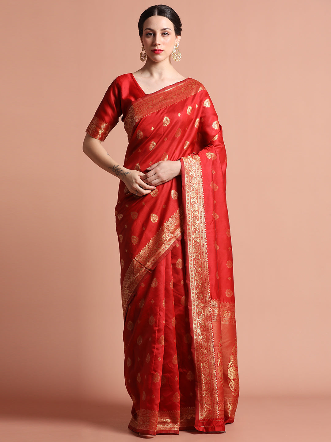 Red Heavy Banarasi Zari Woven Silk Blend Saree