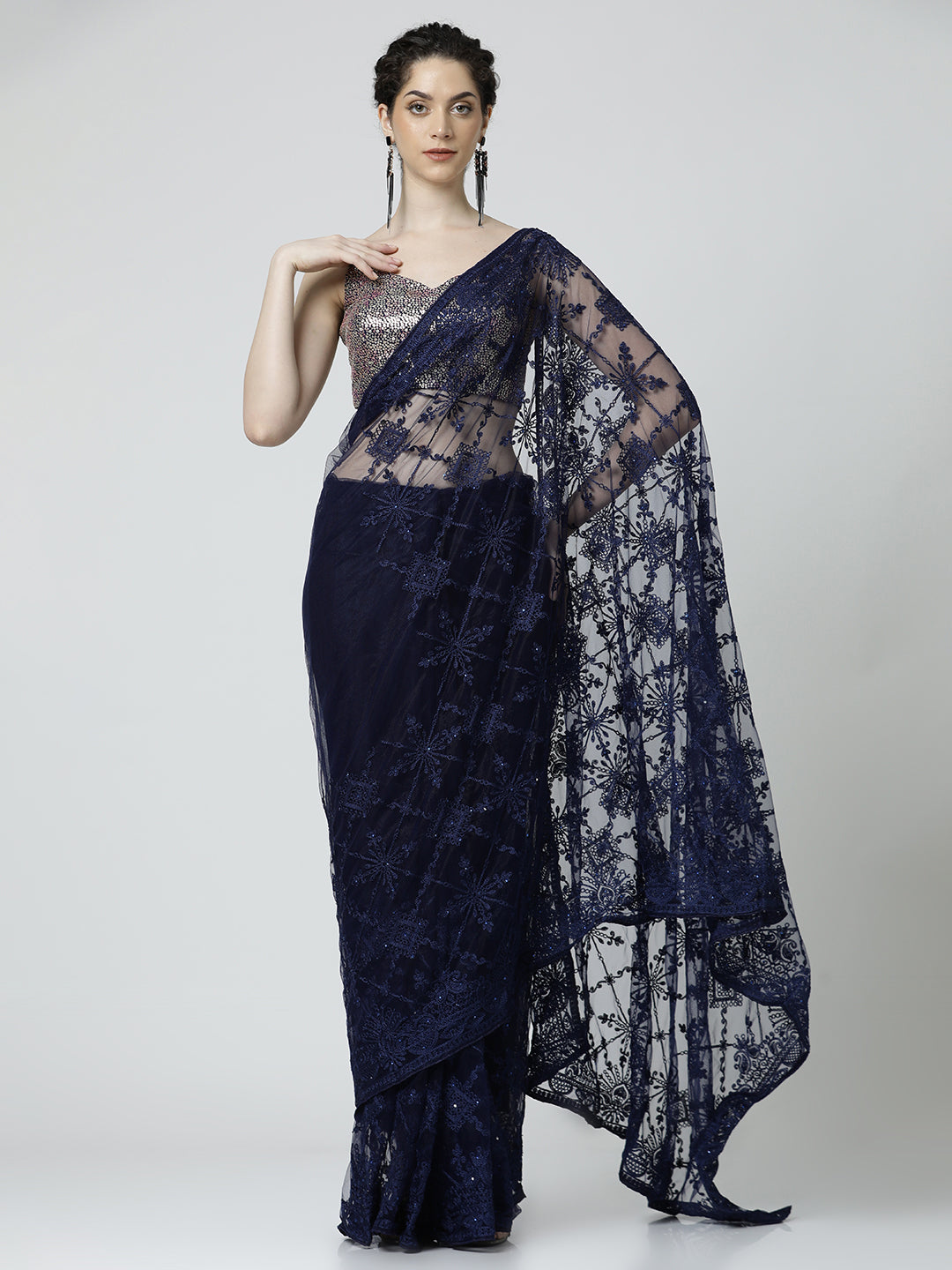 Navy Blue Embroidered Net Black Party Wear Saree