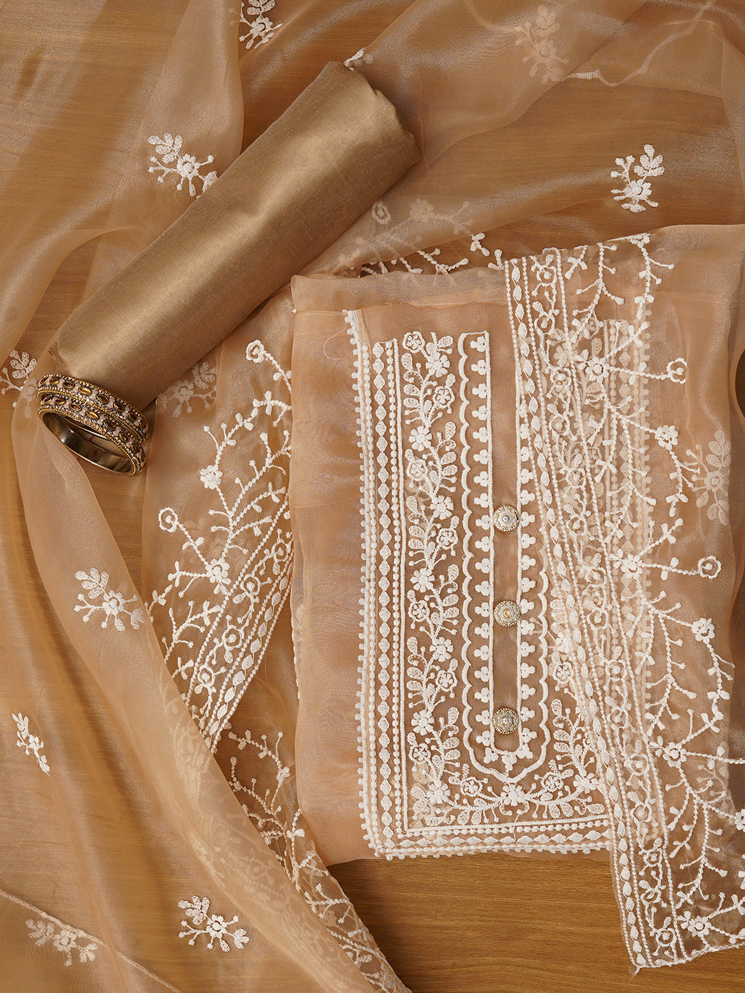 Beige Unstitched Embroidered Organza Dress Material With Dupatta