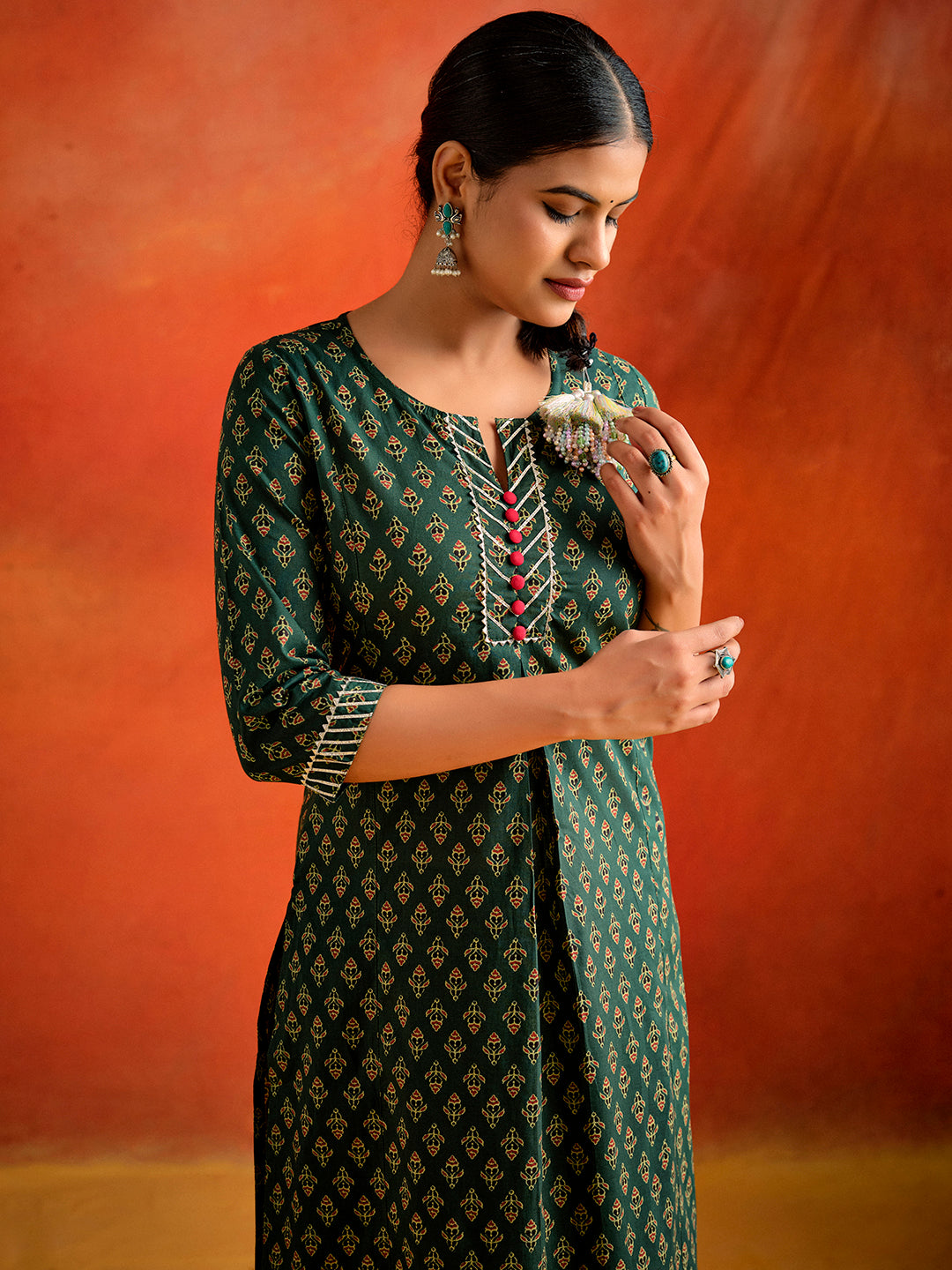 Dark Green Ethnic Motif Printed Straight Kurta With Palazzo