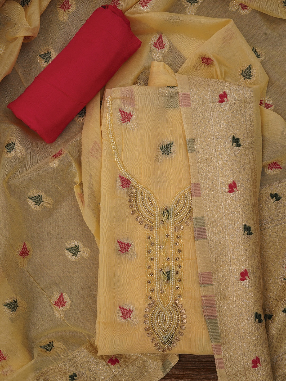 Light Yellow Zari Woven Cotton Blend Dress Material with Dupatta