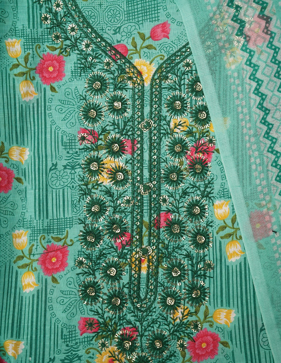 Green Unstitched Embroidered Cotton Dress Material With Dupatta