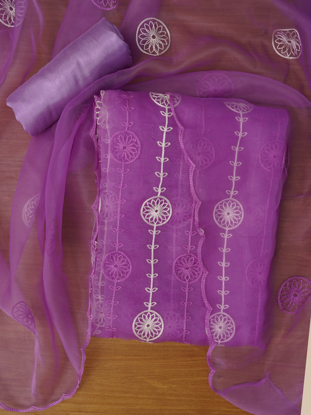 Unstitched Embroidered Organza Purple Dress Material With Dupatta