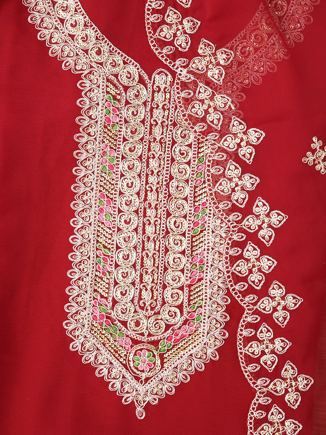 Maroon Zari Embroidered Silk Georgette Dress Material with Dupatta