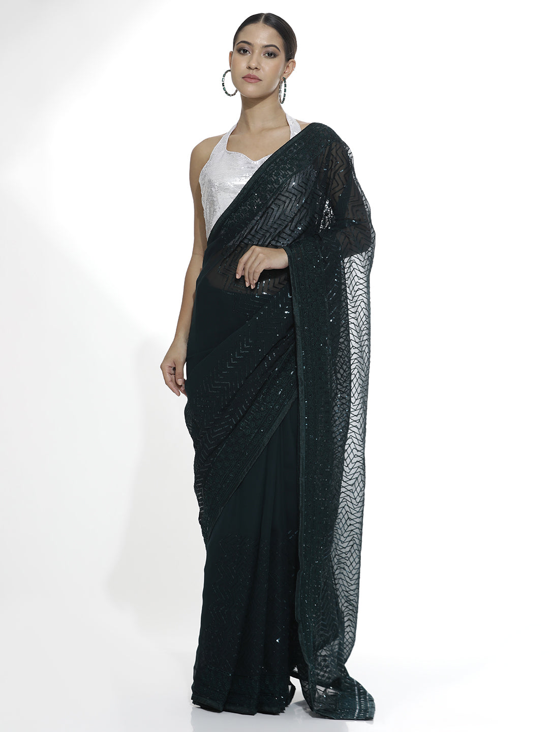 Pure Georgette Teal Sequins Saree