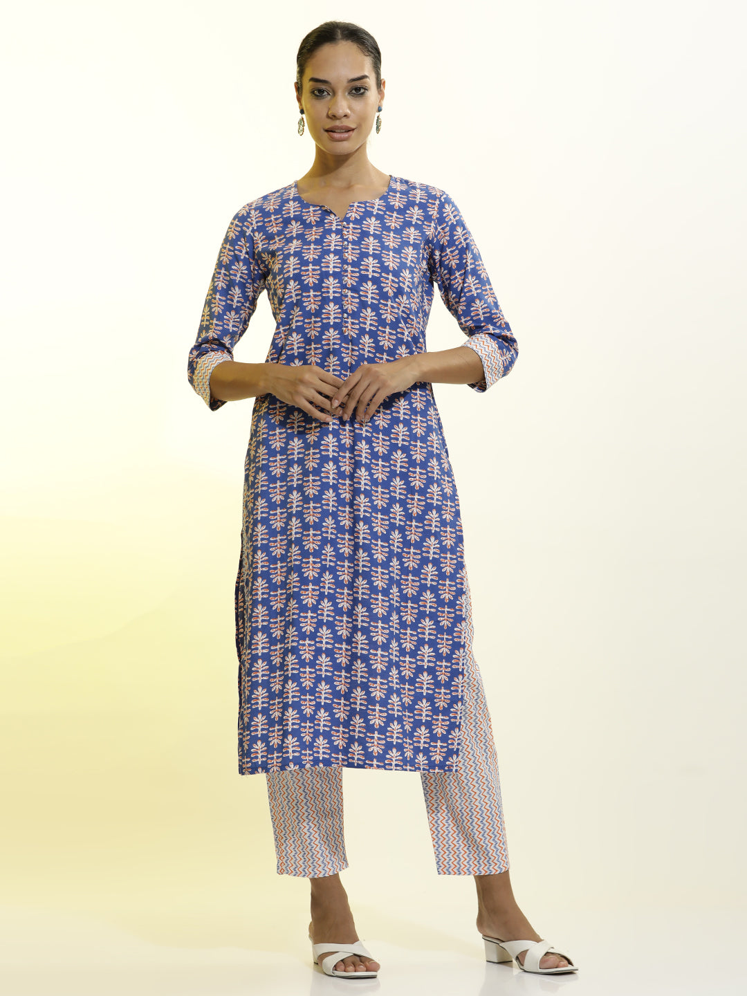 Ethnic Motif Printed Cotton Blend Navy Blue Kurta Set