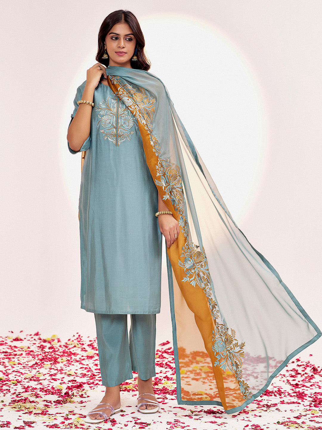 Sea Blue Resham Embroidered Festive Kurta Set With Dupatta