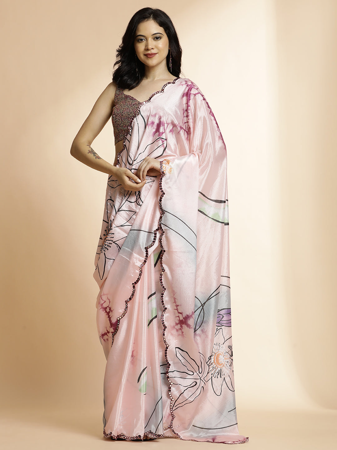 Peach Tie-Dye Printed Mirror Work Satin Saree