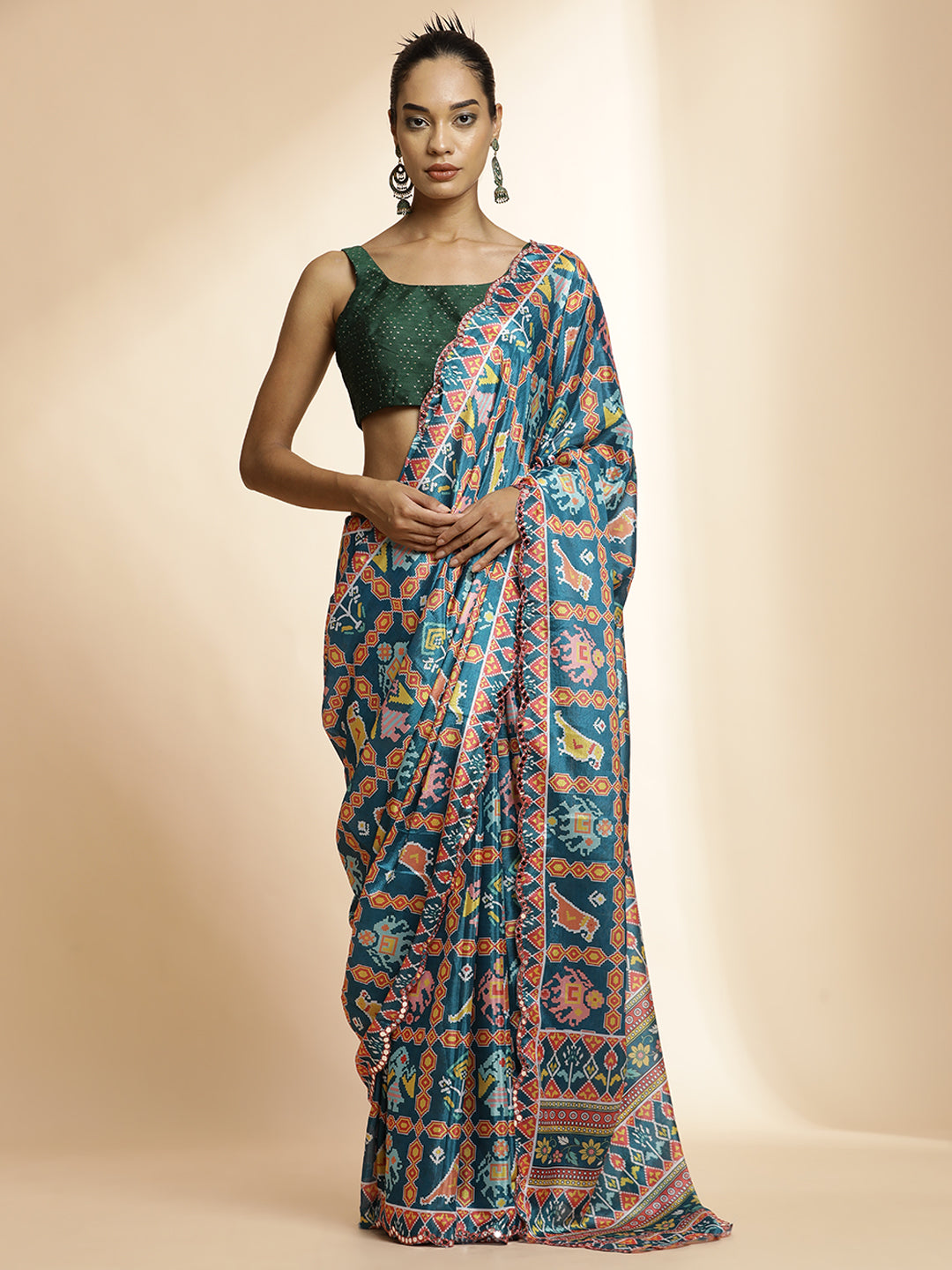 Printed Multicolor Mirror Work Satin Saree