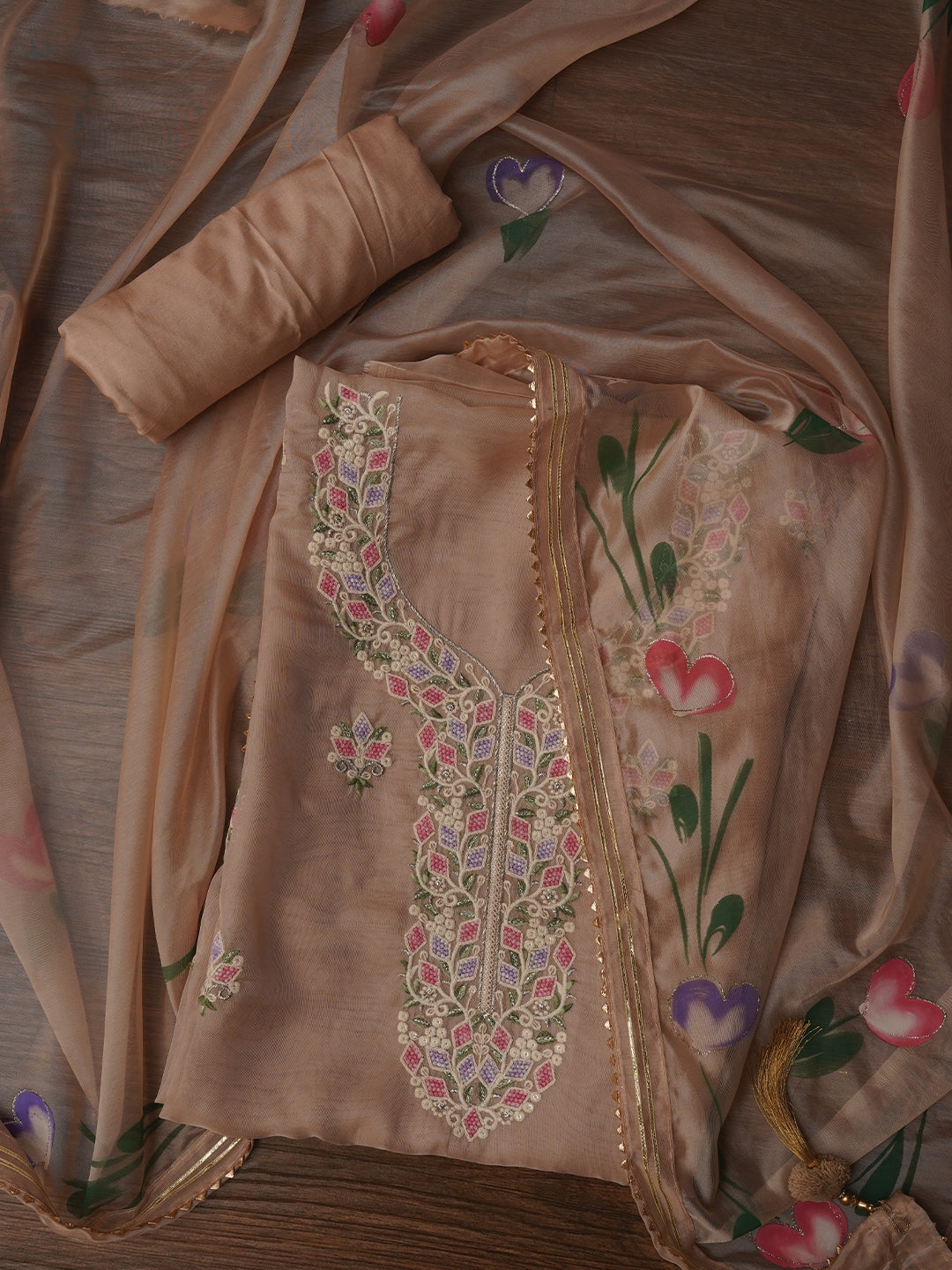 Handpainted Peach Embroidered Dress Material with Dupatta