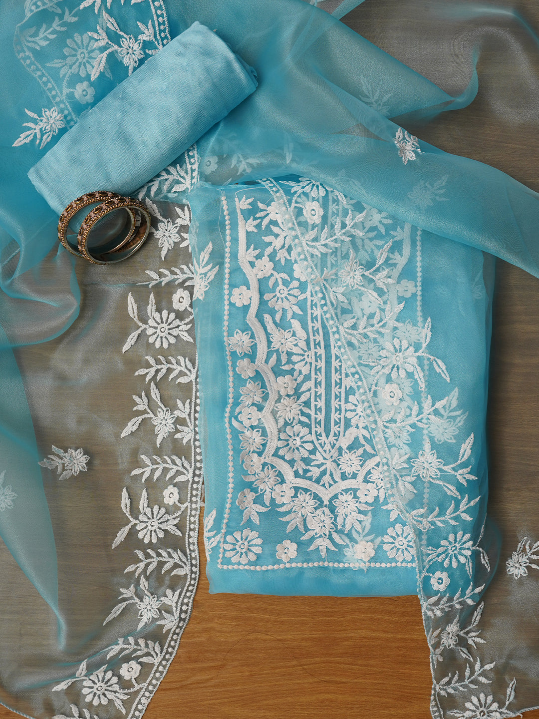 Sky Blue Thread Embroidered Organza Festive Dress Material with Dupatta