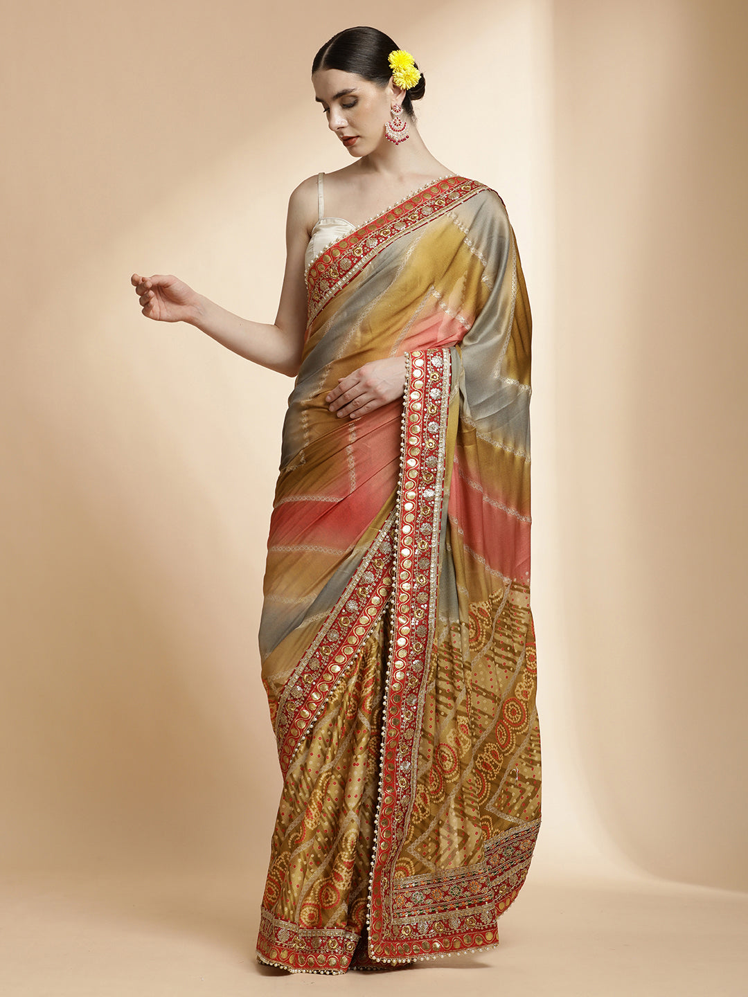 Mustard Traditional Bandhani Embroidered Pure Georgette Saree