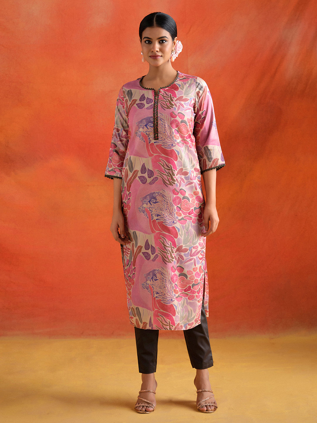 Pink Botanical Printed Embroidered Straight Kurta