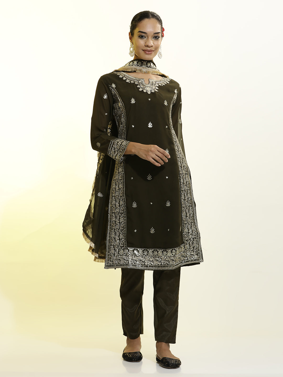 Festive Embroidered Georgette Party Wear Kurta Set With Dupatta