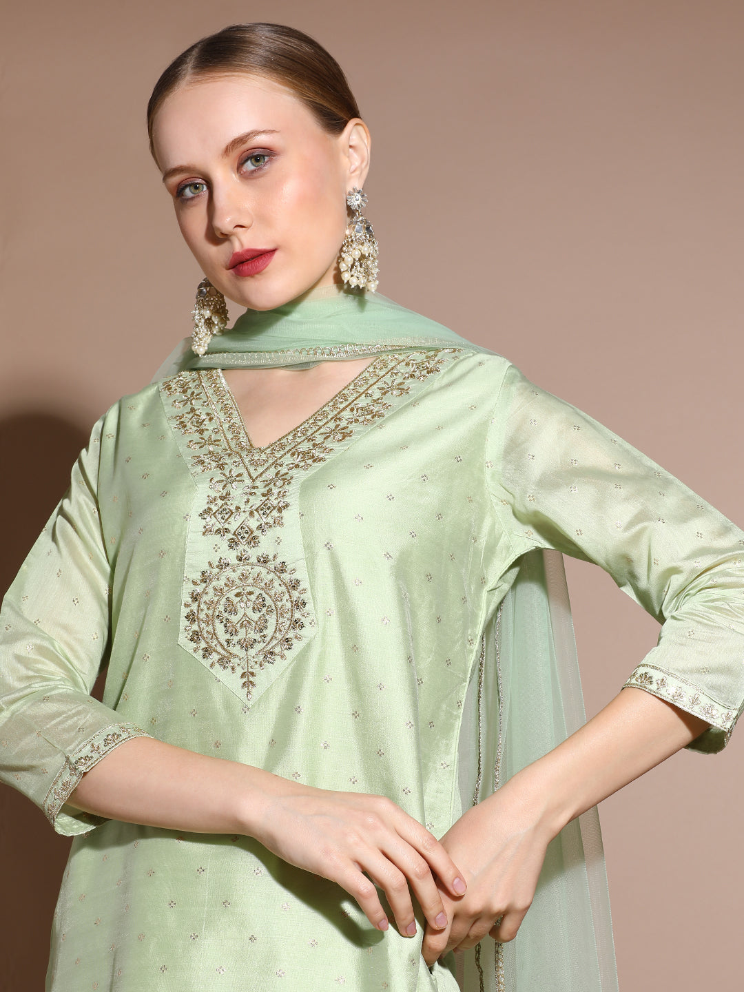 Pista Green Chanderi Woven Design Festive Kurta Set With Dupatta