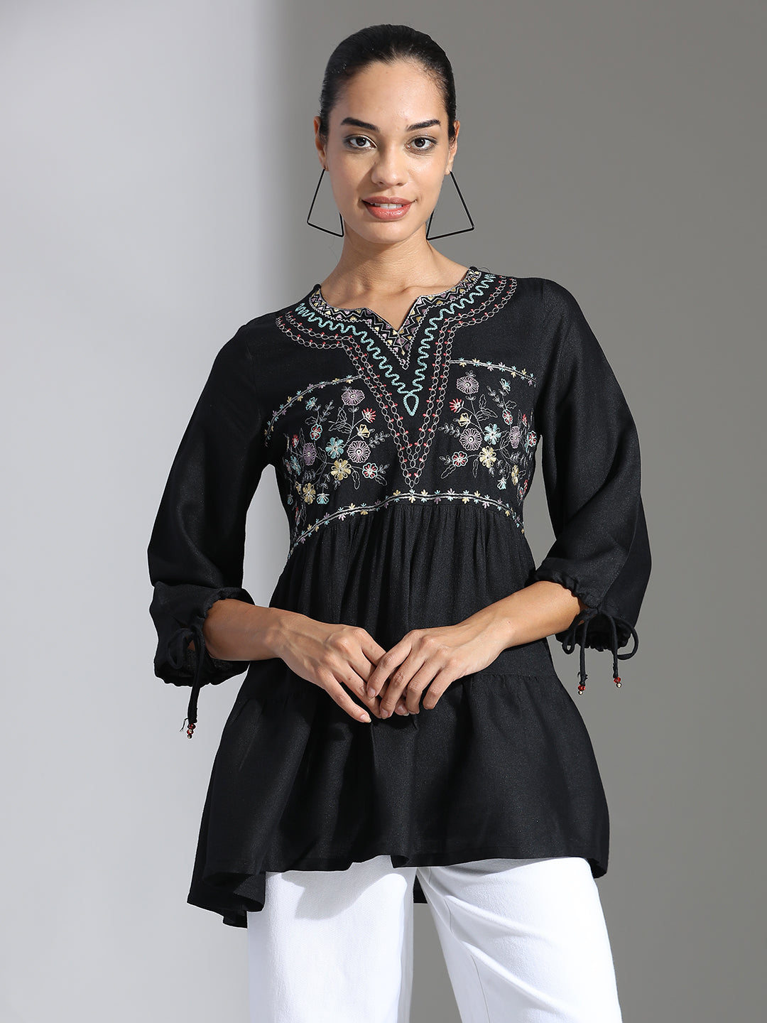 Black Floral Embroidered Rayon Top