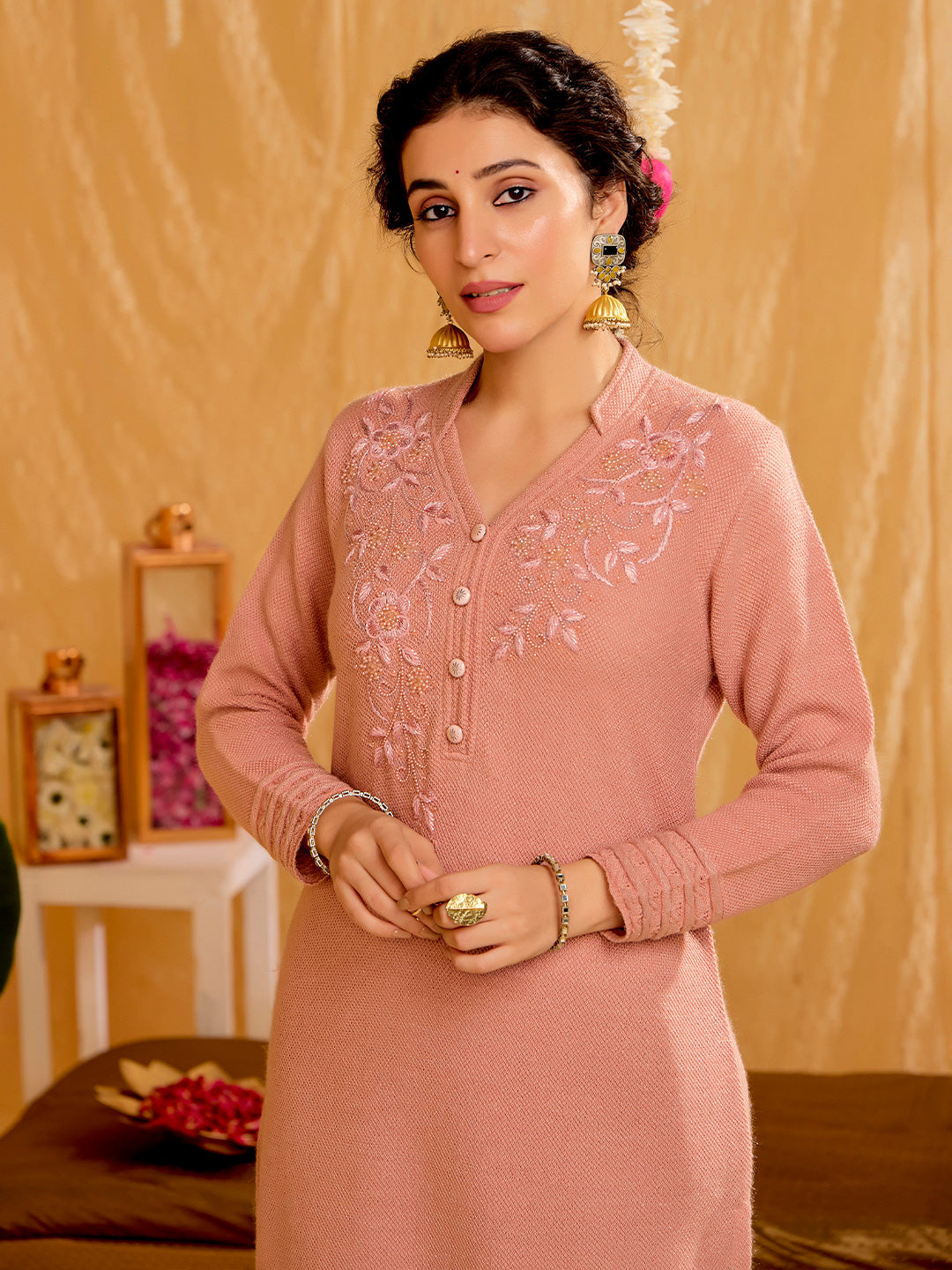 Pink Self Woven Embellished Woolen Kurta Set