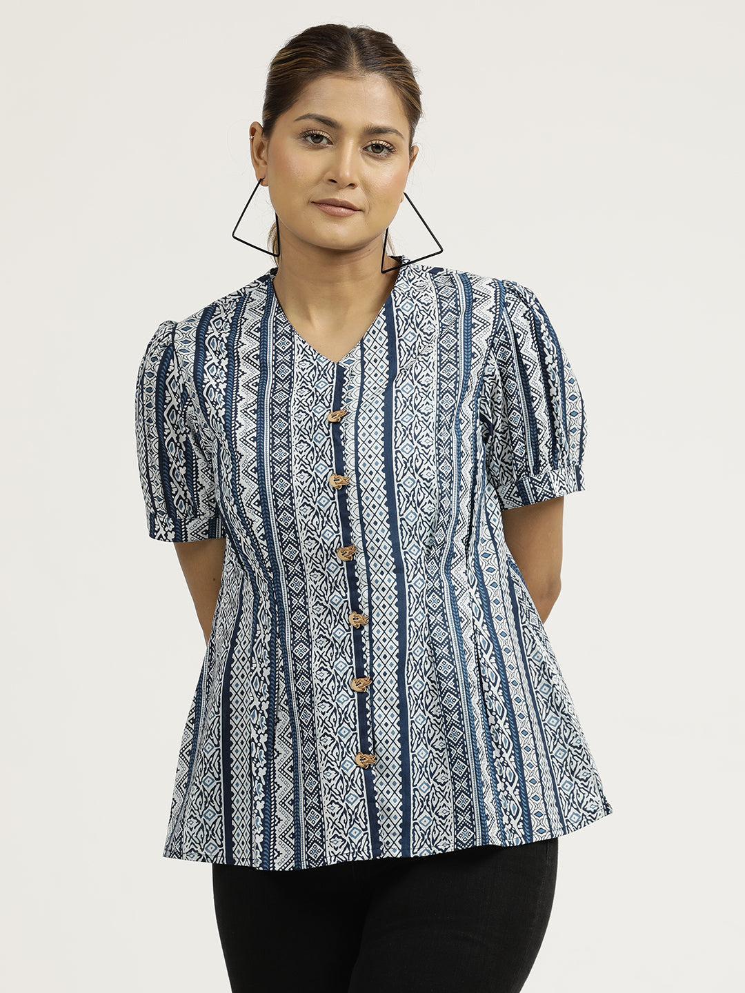 Indigo Printed Cotton Pleated Top