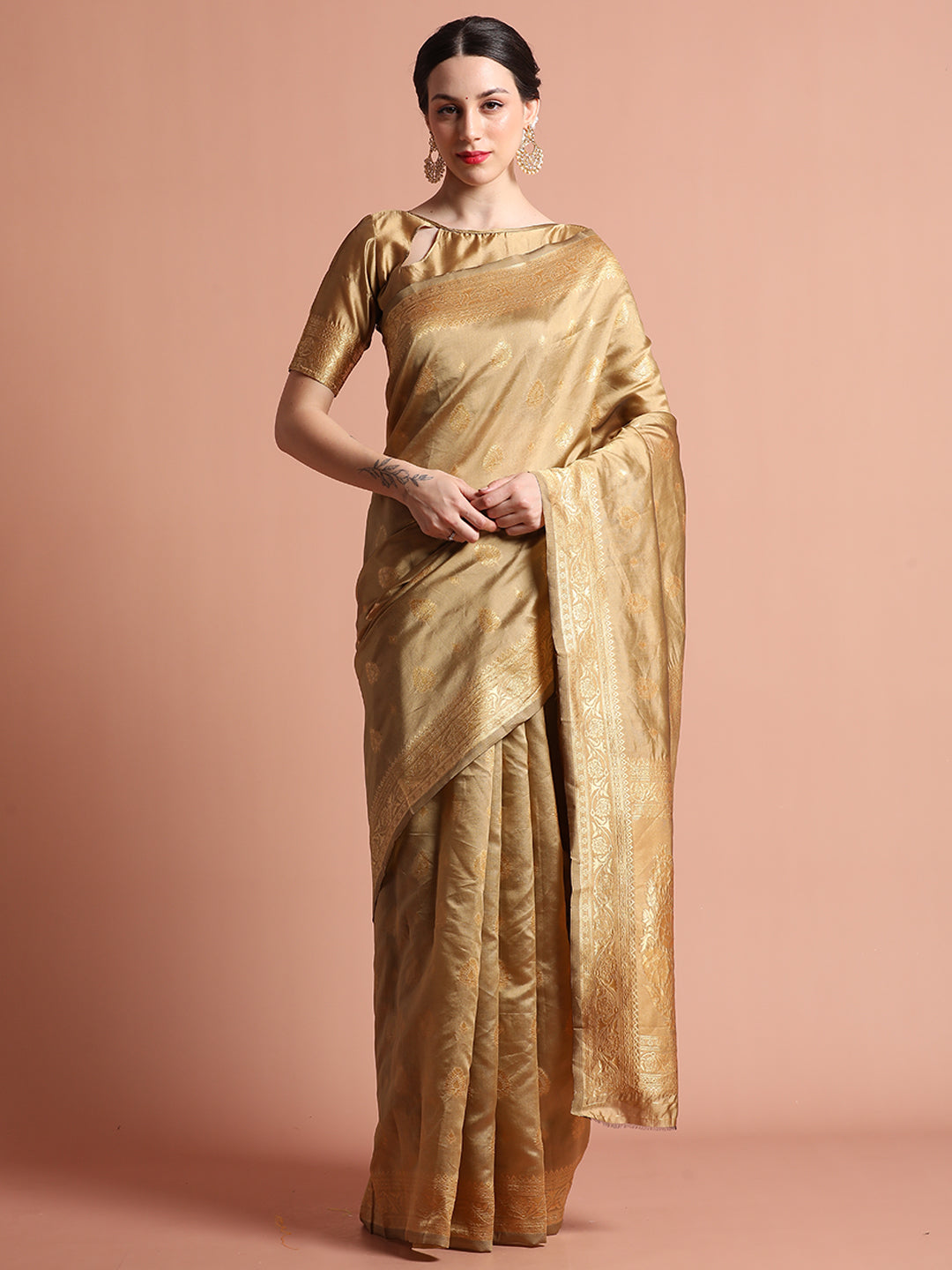 Beige Heavy Banarasi Zari Woven Silk Blend Saree