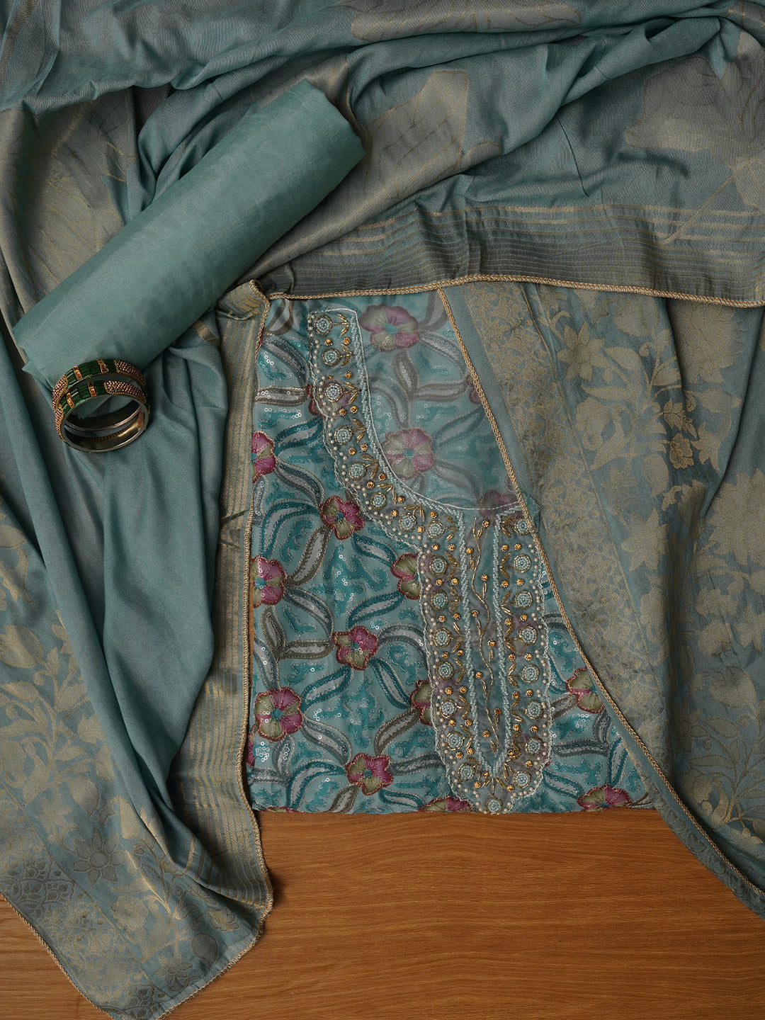 Teal Sequin Embellished Organza Printed Dress Material with Dupatta