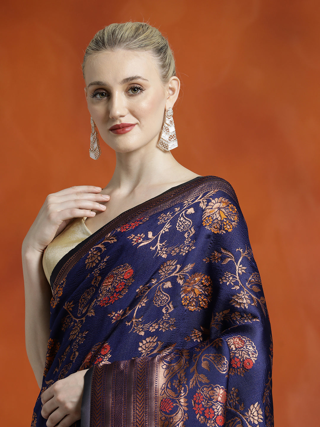 Navy Blue Silk Banarasi Zari Woven Party Wear Saree