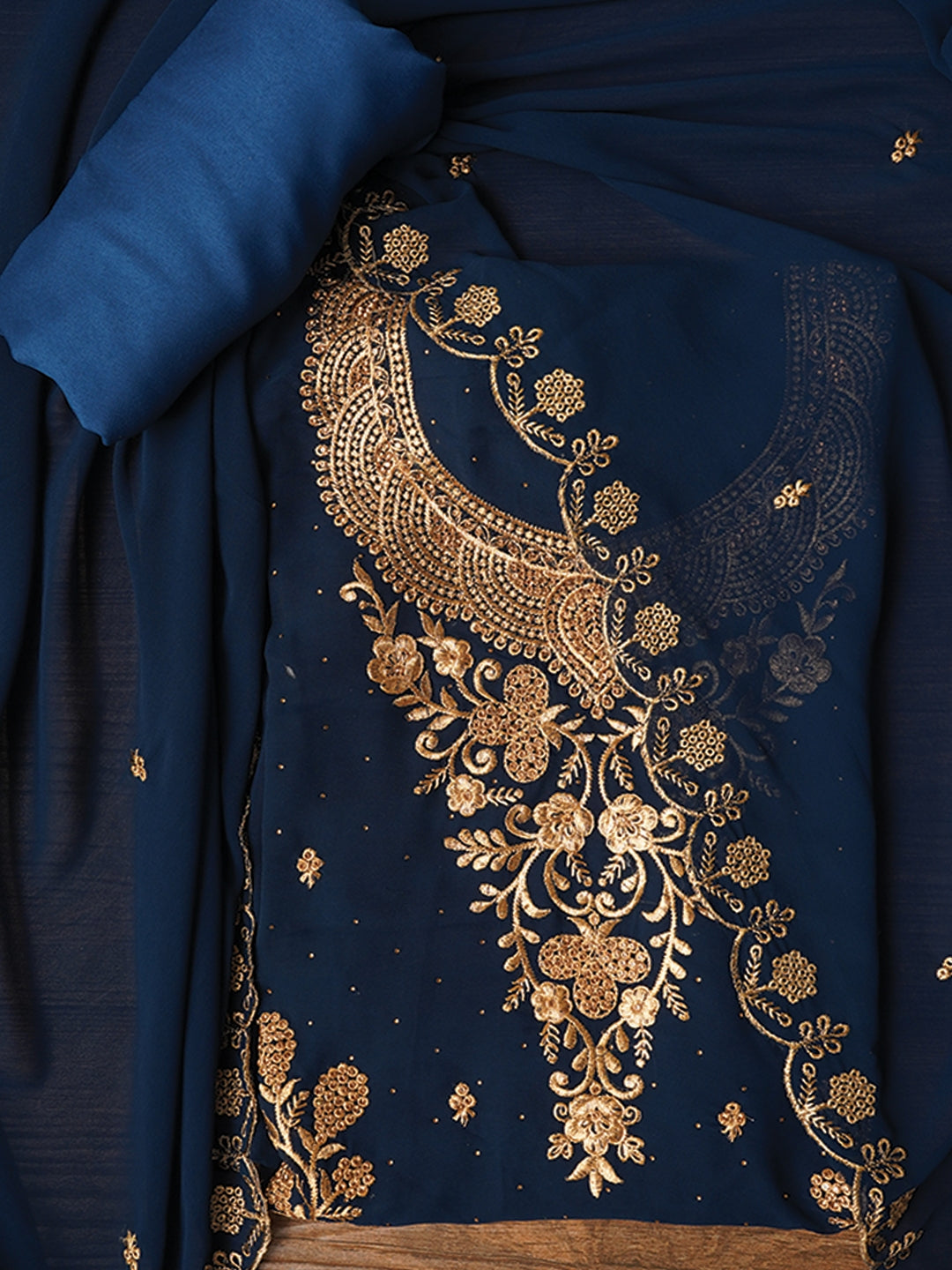 Zari Silk Georgette Blue Dress Material with Dupatta