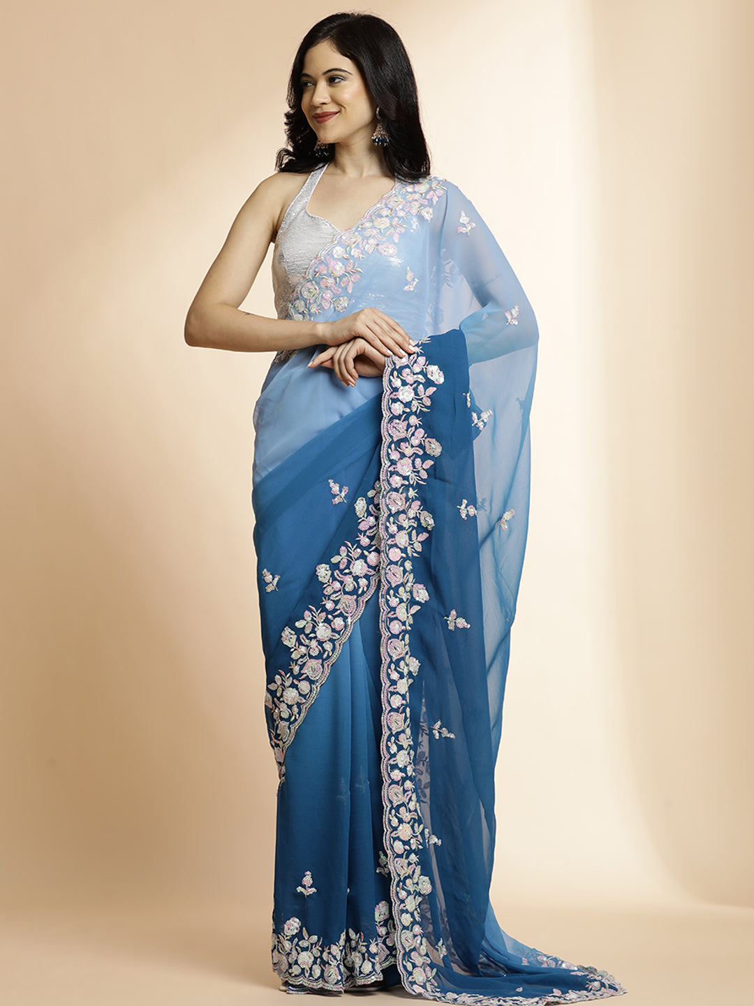 Blue Sequin Work Pure Georgette Saree