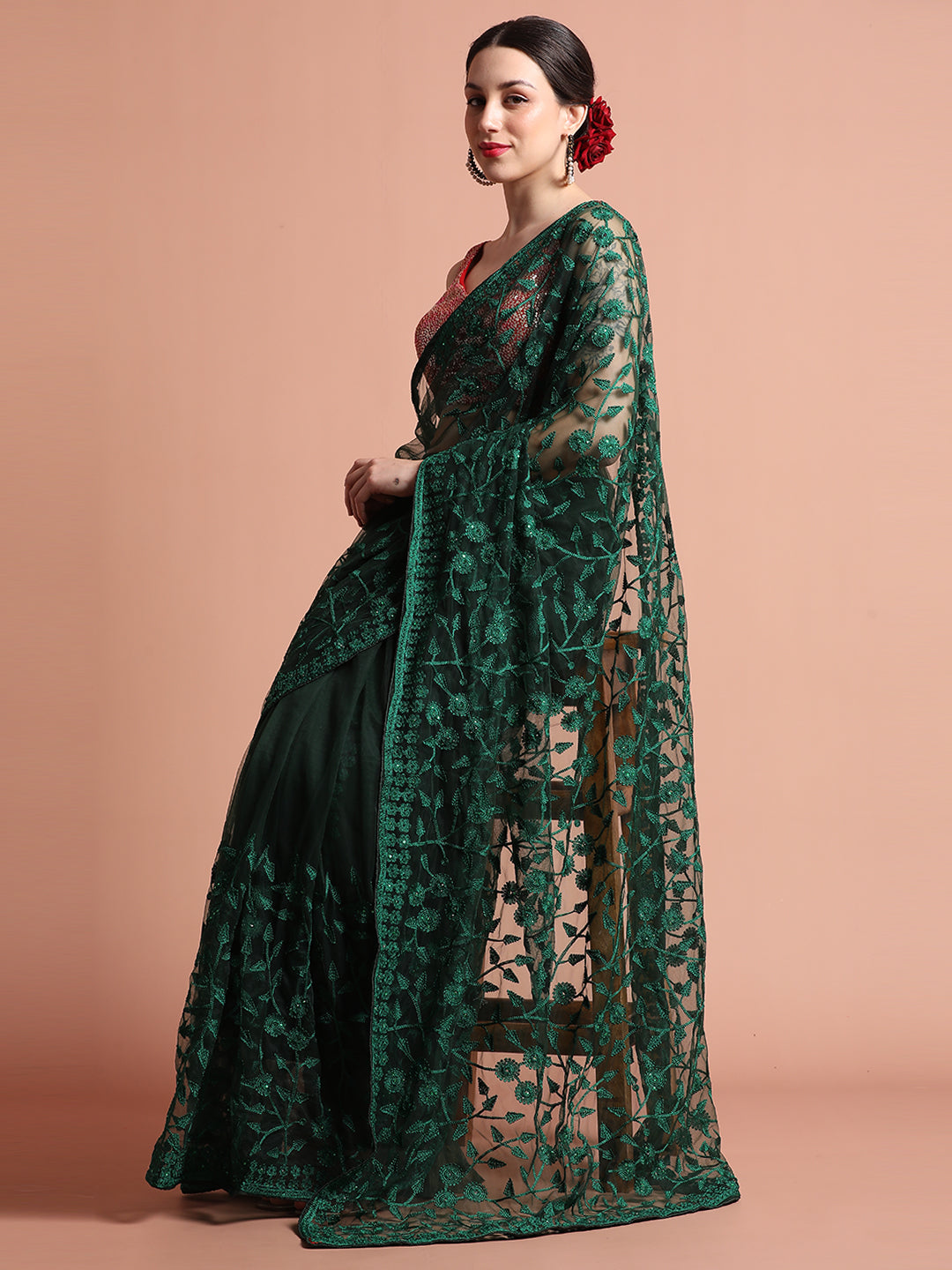 Green Party Wear Floral Embroidered Net Saree