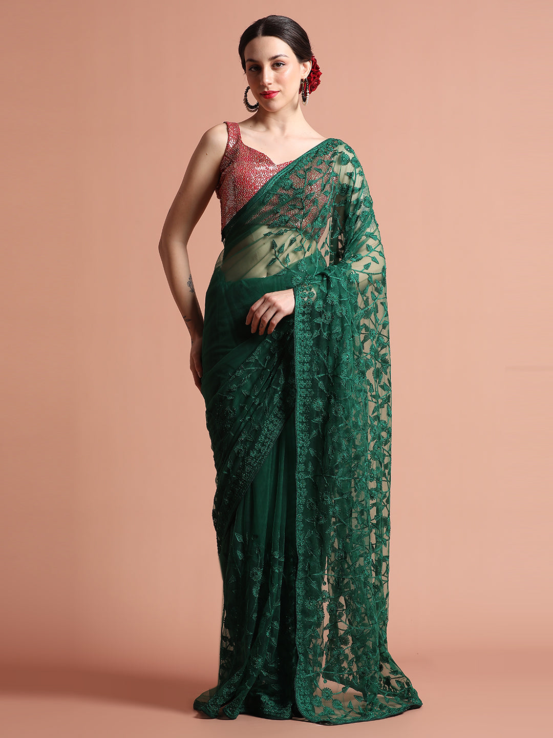 Olive Party Wear Floral Embroidered Net Saree