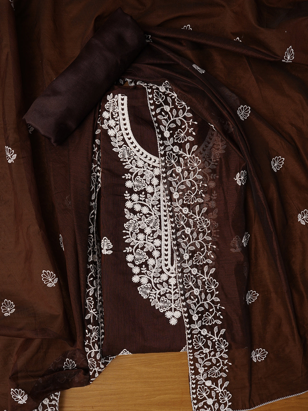 Brown Unstitched Embroidered Cotton Blend Dress Material With Dupatta