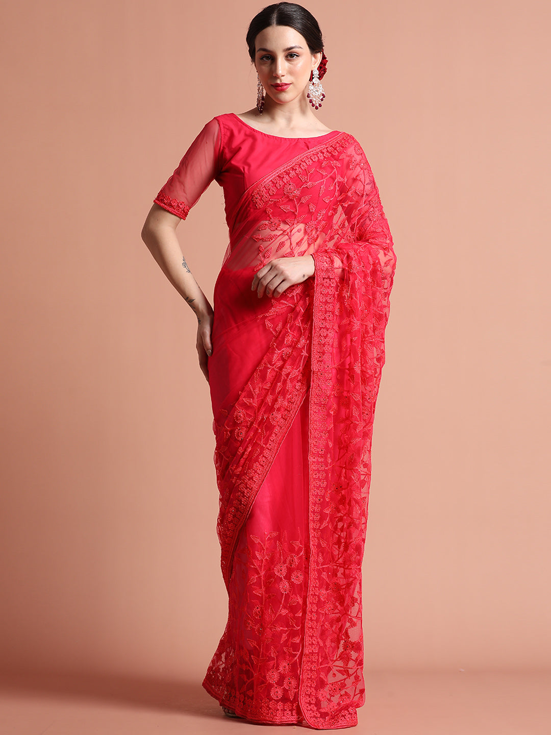 Pink Party Wear Floral Embroidered Net Saree