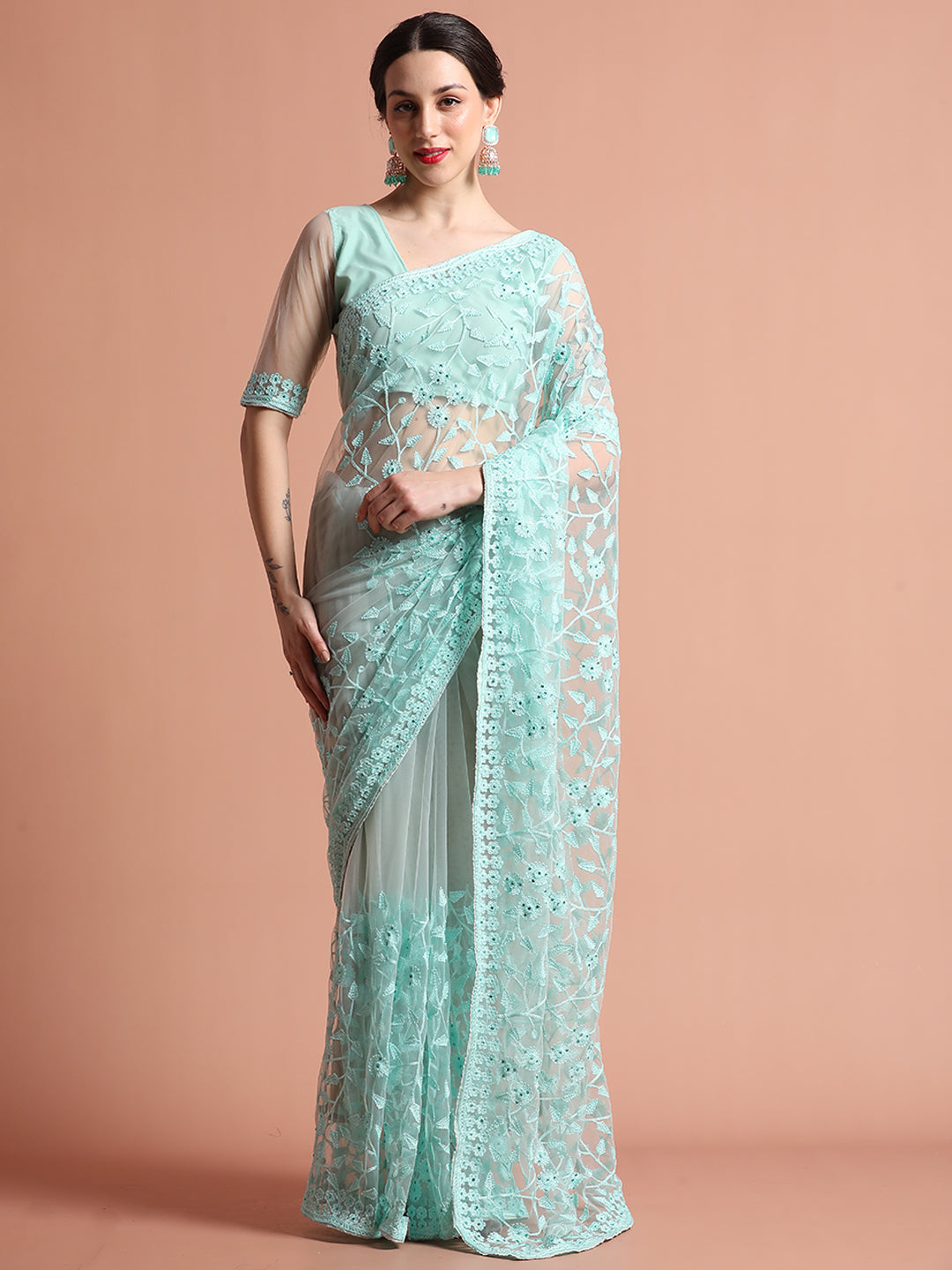 Sea Green Party Wear Floral Embroidered Net Saree