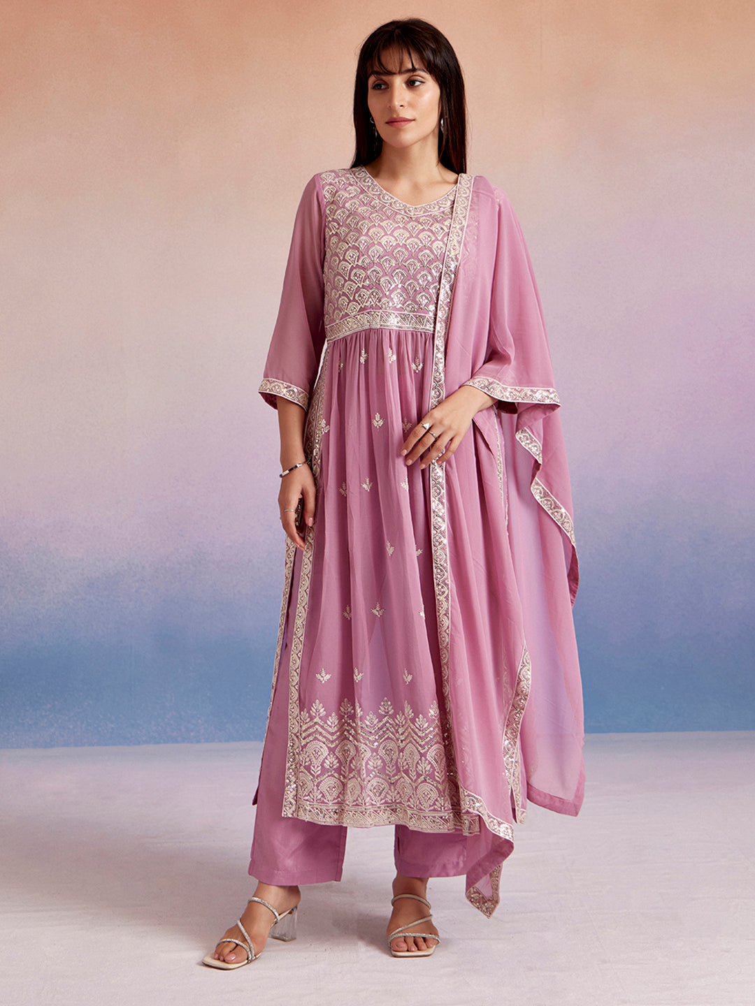 Festive Embroidered Naira Cut Kurta Set With Dupatta