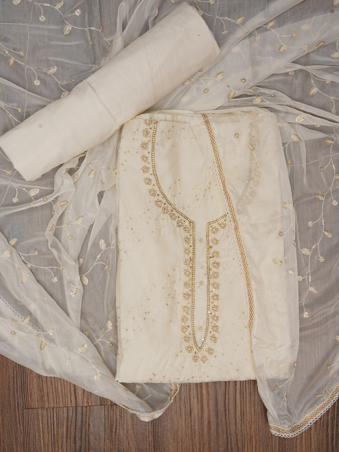 White Sequin Embroidered Pure Cotton Dress Material with Dupatta