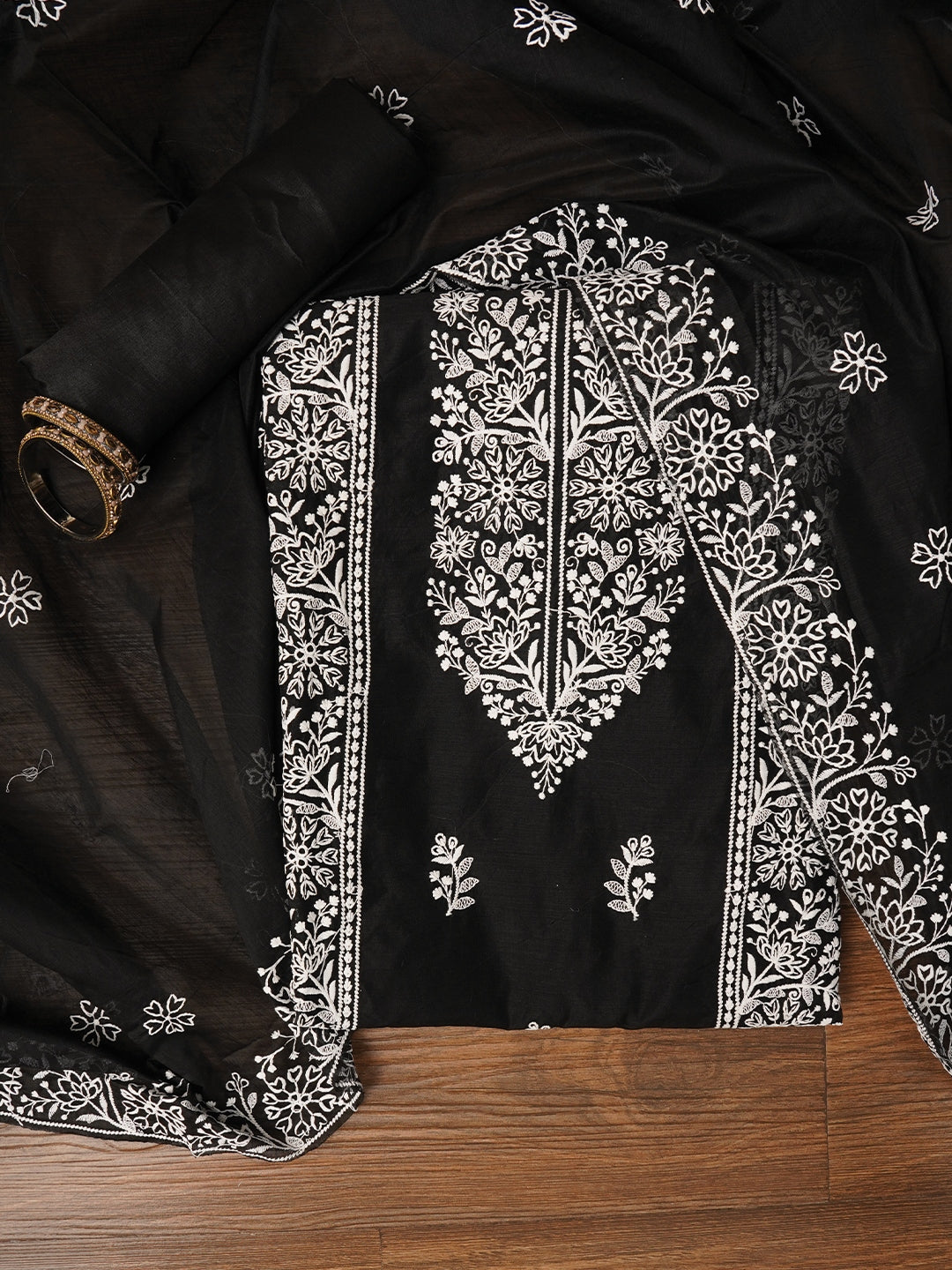 Black Zari Embroidered Organza Dress Material with Dupatta