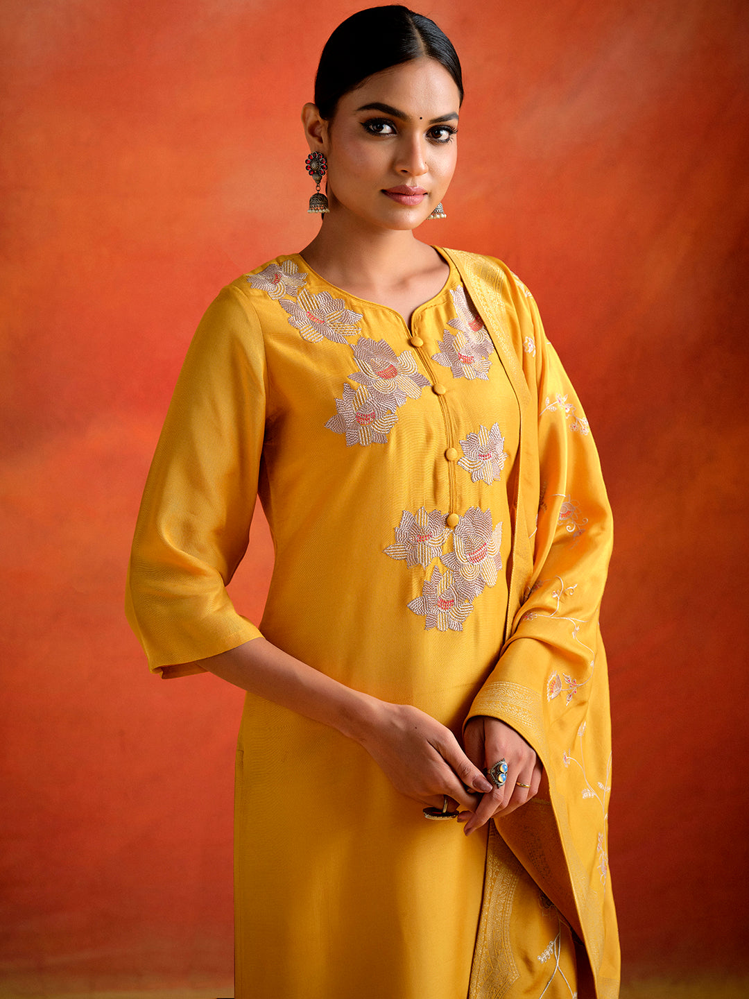 Mustard Hand Embroidered Festive Kurta Set With Dupatta