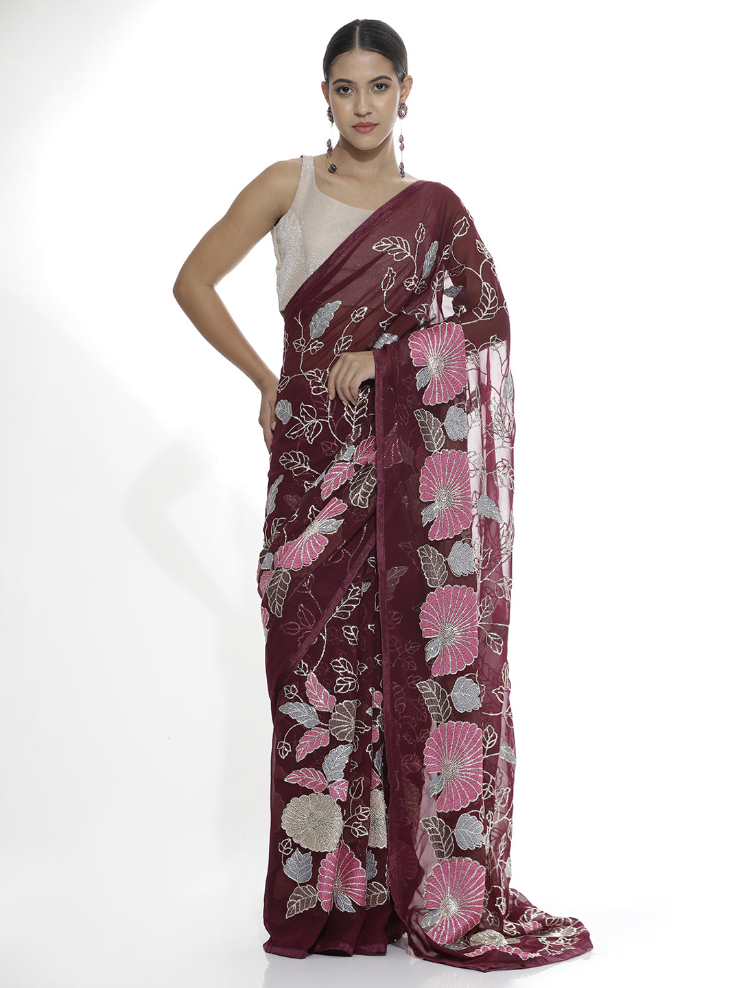 Violet Floral Sequin Work Pure Georgette Saree